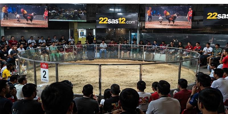 Real roosters stand inside traditional arena before scheduled online match begins.