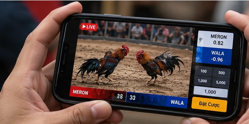 Two roosters face each other during a realistic live arena event.